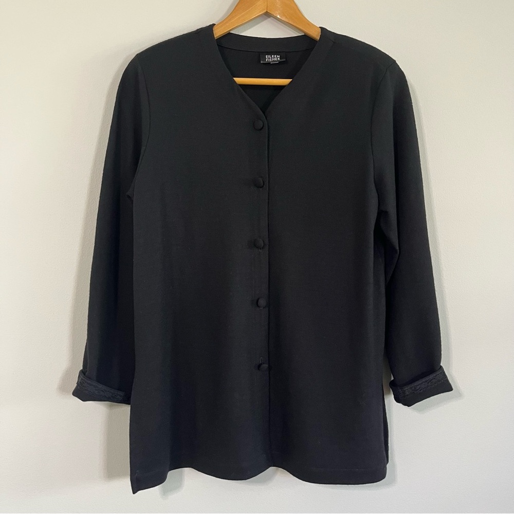 Eileen Fisher Lagenlook Black Merino Wool Cardigan Sweater